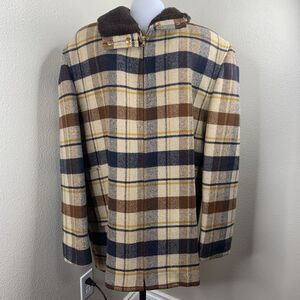 Vtg Pendleton Wool Jacket Coat Brown Plaid Zip Up Faux Fur Collar Men’s Sz XL?